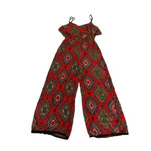 Angie Boho Red Geometrical Jumpsuit Wide Leg Spaghetti Straps Ruffle Small
